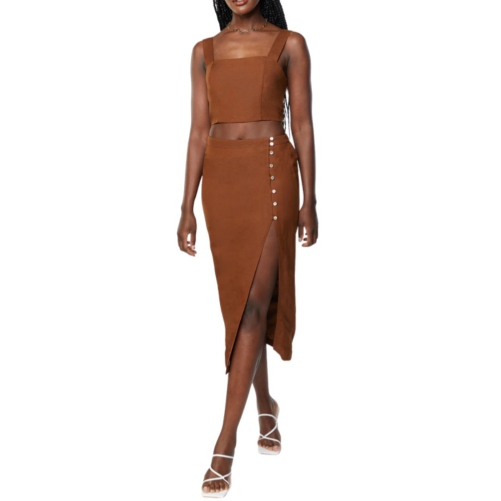 OAK + FORT Linen Matching Set – Smocked Crop Top & High-Waisted Skirt - Teak - S